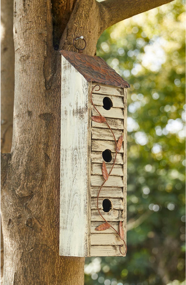 Glitzhome 18"H Hanging Distressed Solid Wood 3-Tier Window Shutters Birdhouse, Alternate, color, White