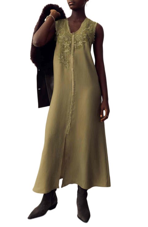 Lace Trim Embroidered Satin Maxi Dress