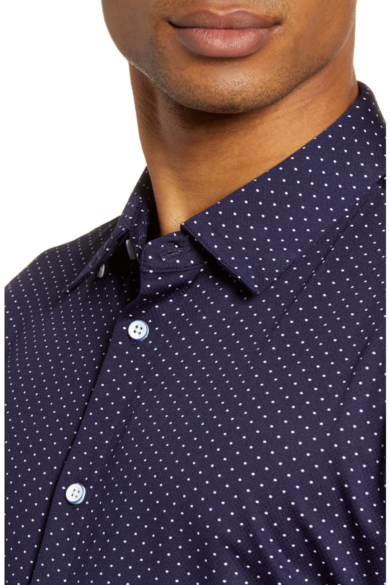Spinnaker Trim Fit Short Sleeve Button-Up Performance Shirt, Alternate, color, NAVY WHITE DOT PRINT