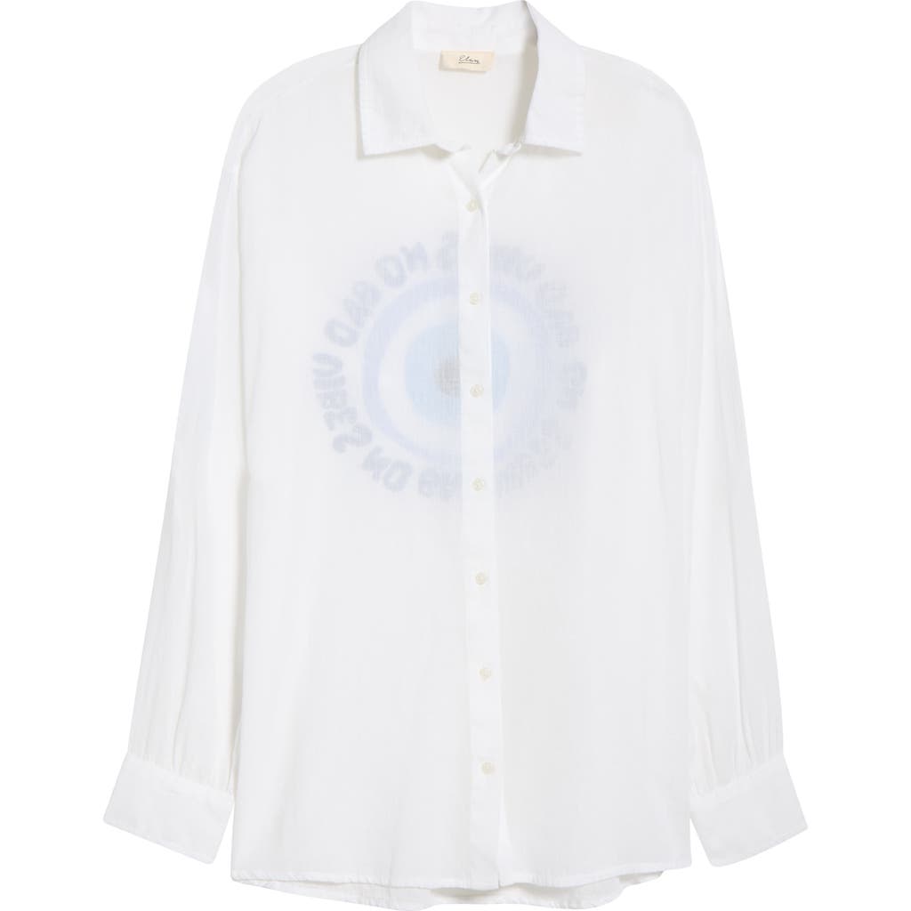 Elan Evil Eye Print Button-up Cover-up Shirt In White