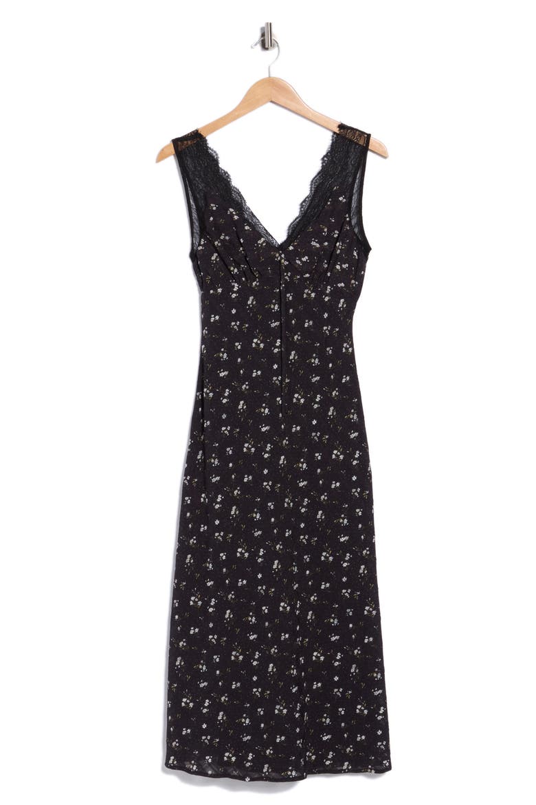 Lace Trim V-Neck Midi Dress, Alternate, color, BLACK FLORAL