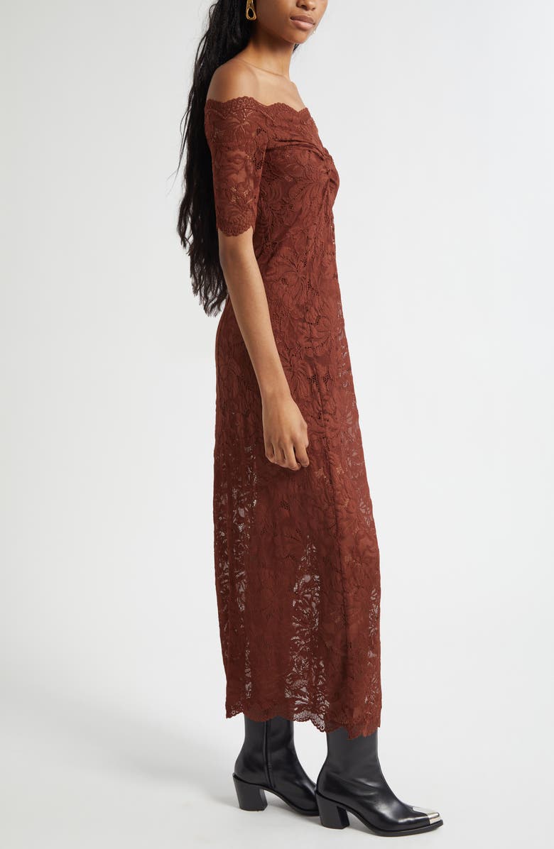 Rabanne Twist Front Off the Shoulder Lace Midi Dress, Alternate, color, Cinamon Brown