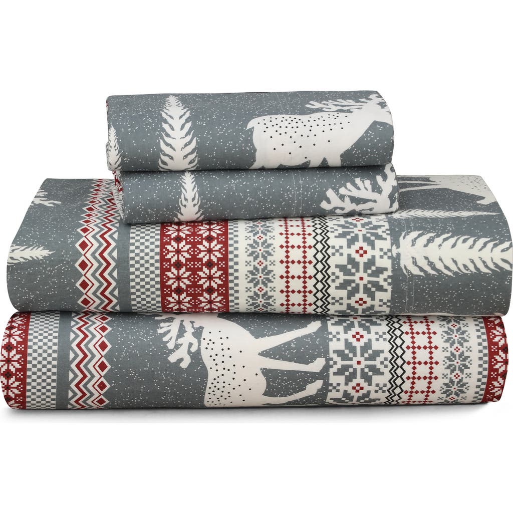 Azores Home Winter Reindeer Flannel Sheet Set In Gray
