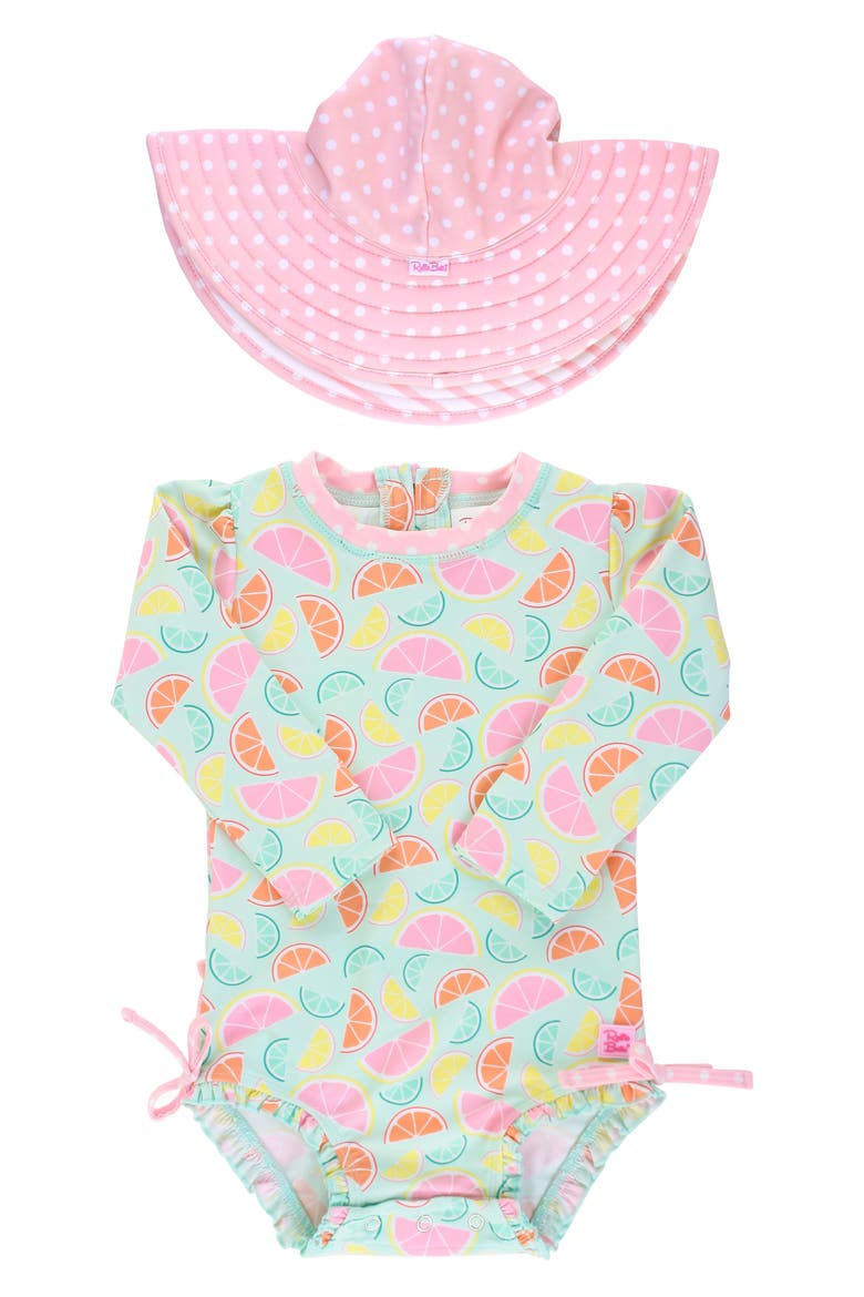 Squeeze the Day One-Piece Rashguard Swimsuit & Reversible Sun Hat Set, Main, color, PINK