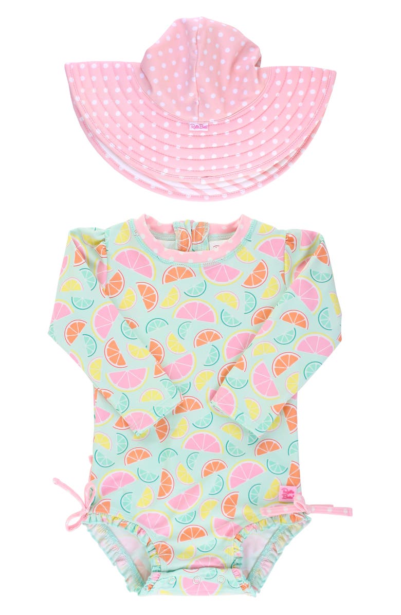RuffleButts Squeeze the Day One-Piece Rashguard Swimsuit & Reversible Sun Hat Set, Main, color, 