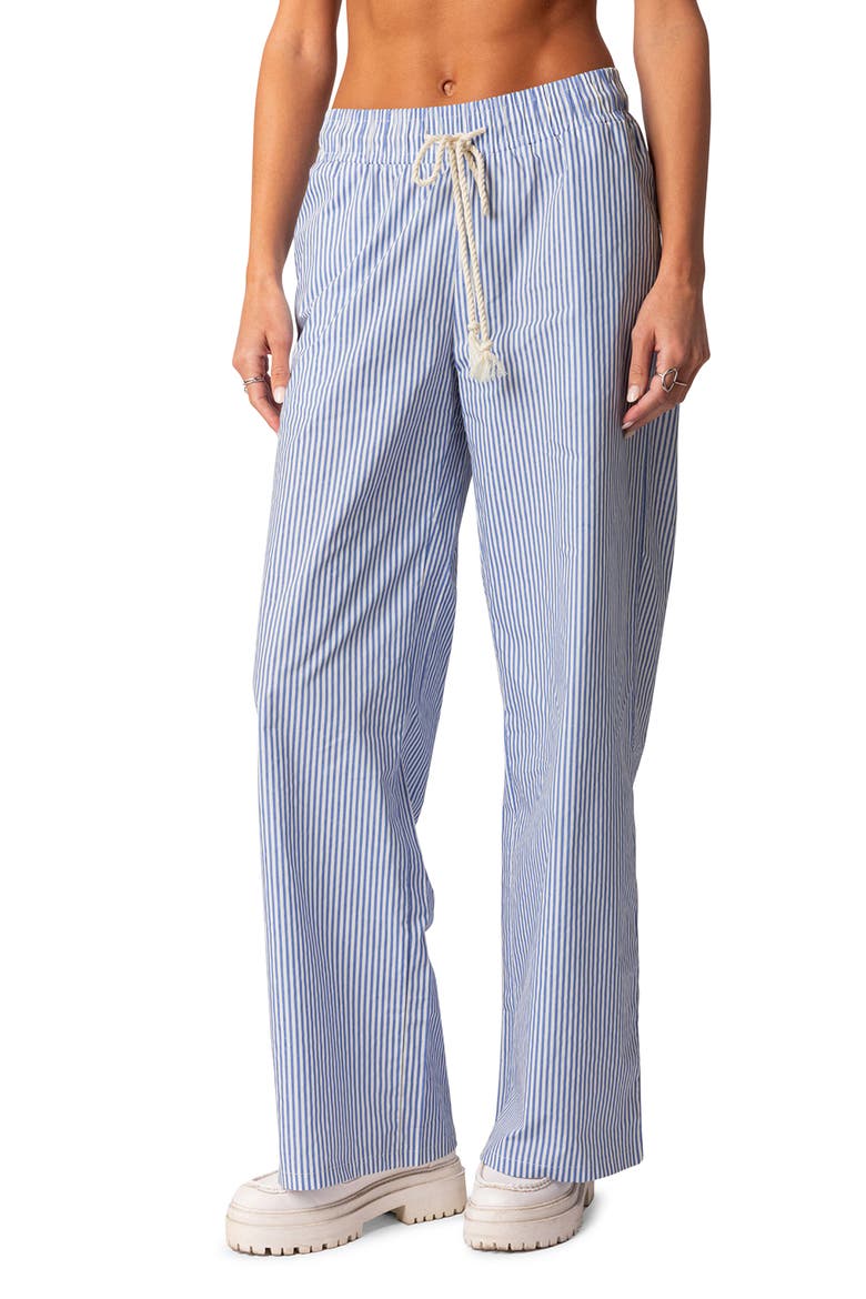 Stripe Wide Leg Drawstring Cotton Pants, Main, color, BLUE