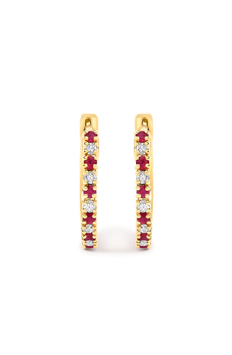 Haus of Brilliance 10K Gold Alternating Diamond and Red Ruby Huggy Hoop Earrings, Alternate, color, Yellow