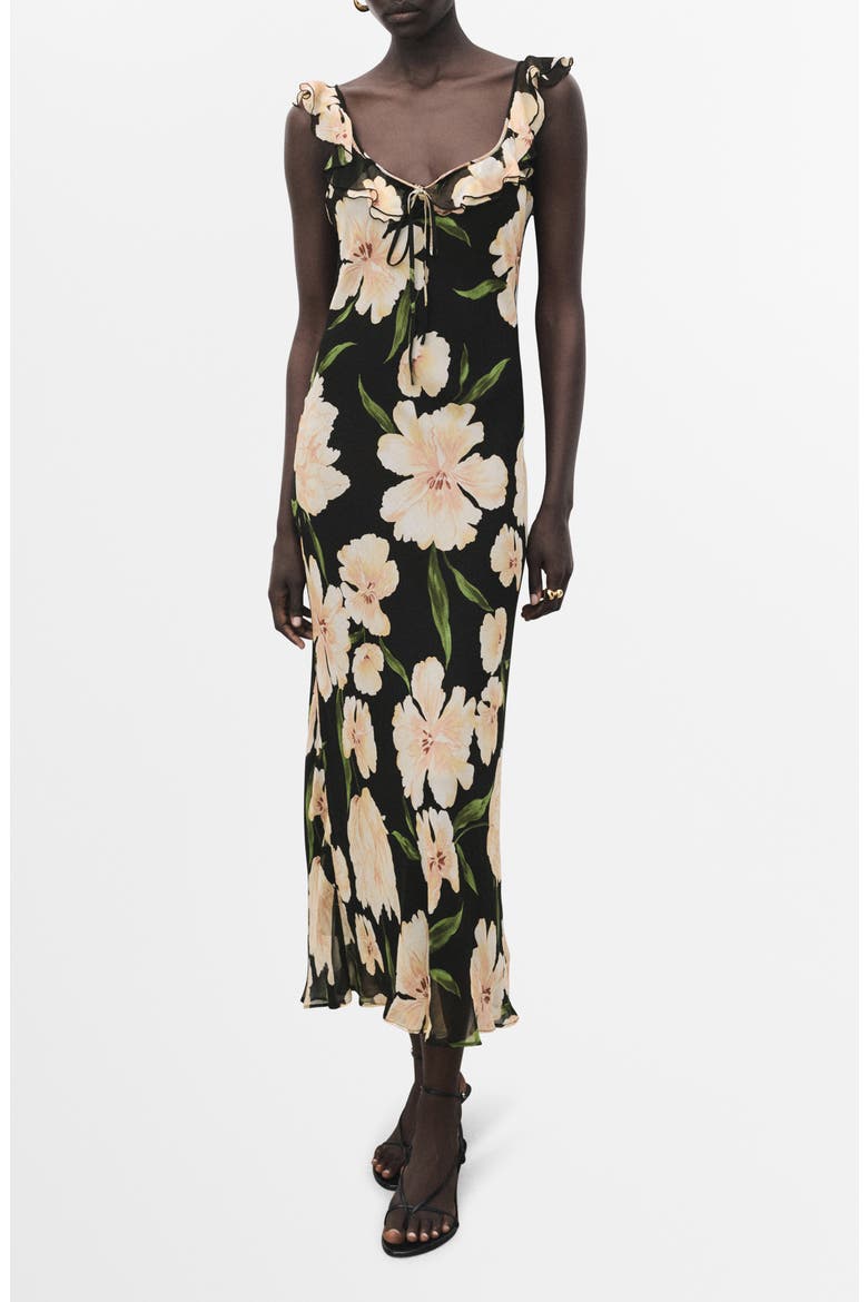 Floral Print Ruffle Dress, Main, color, BLACK