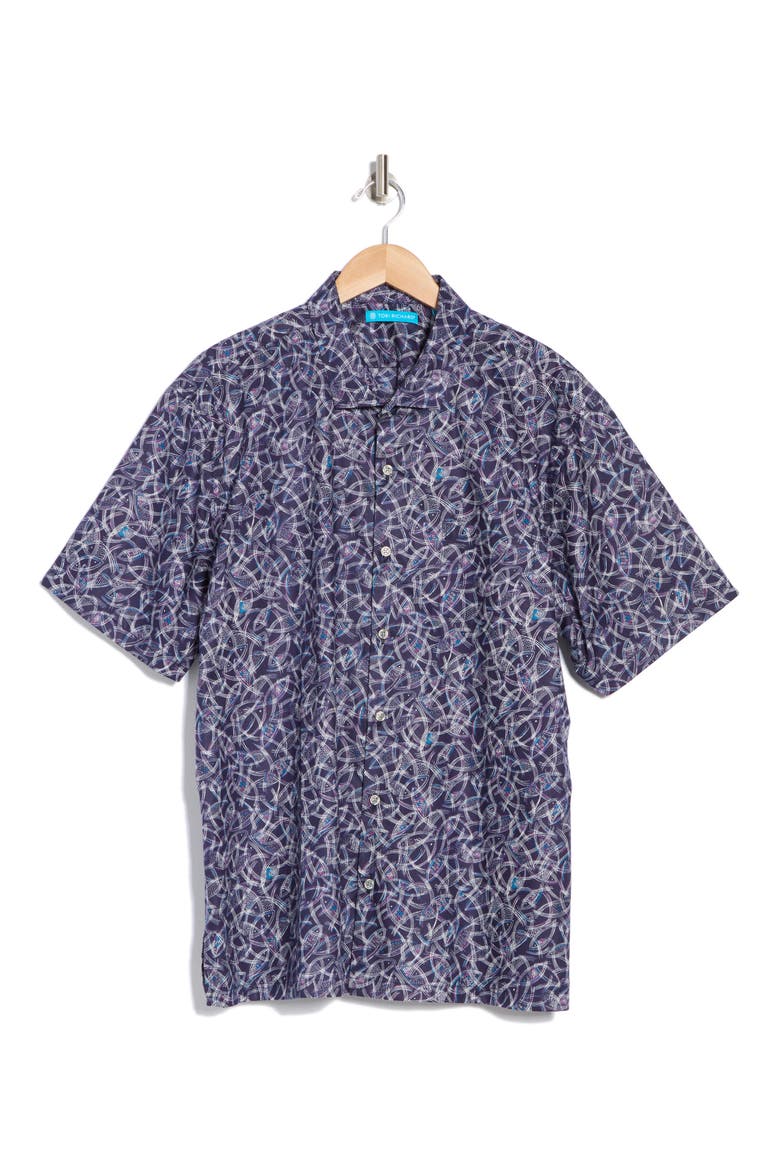 Fish Finder Short Sleeve Cotton Button-Up Shirt, Main, color, LAPIS