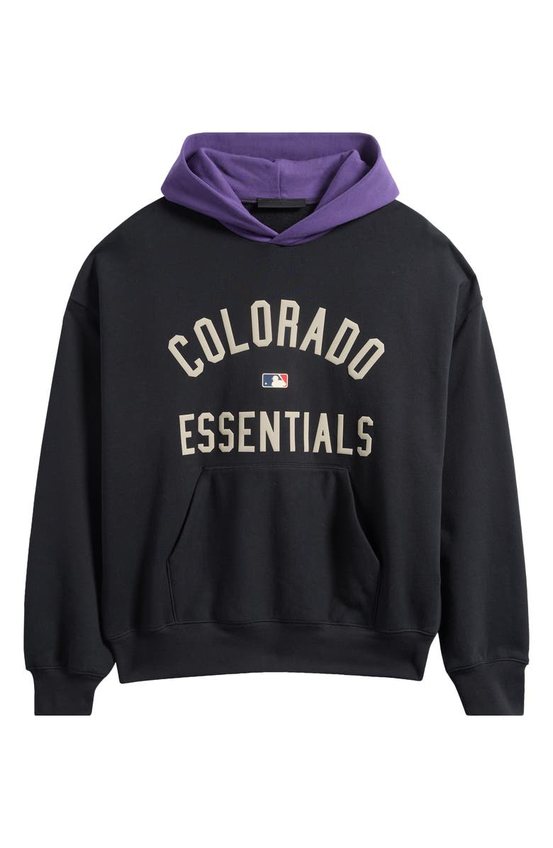 Fear of God Essentials x MLB Rockies Sport Fit Graphic Hoodie, Alternate, color, Vintage Black/ Purple Reign