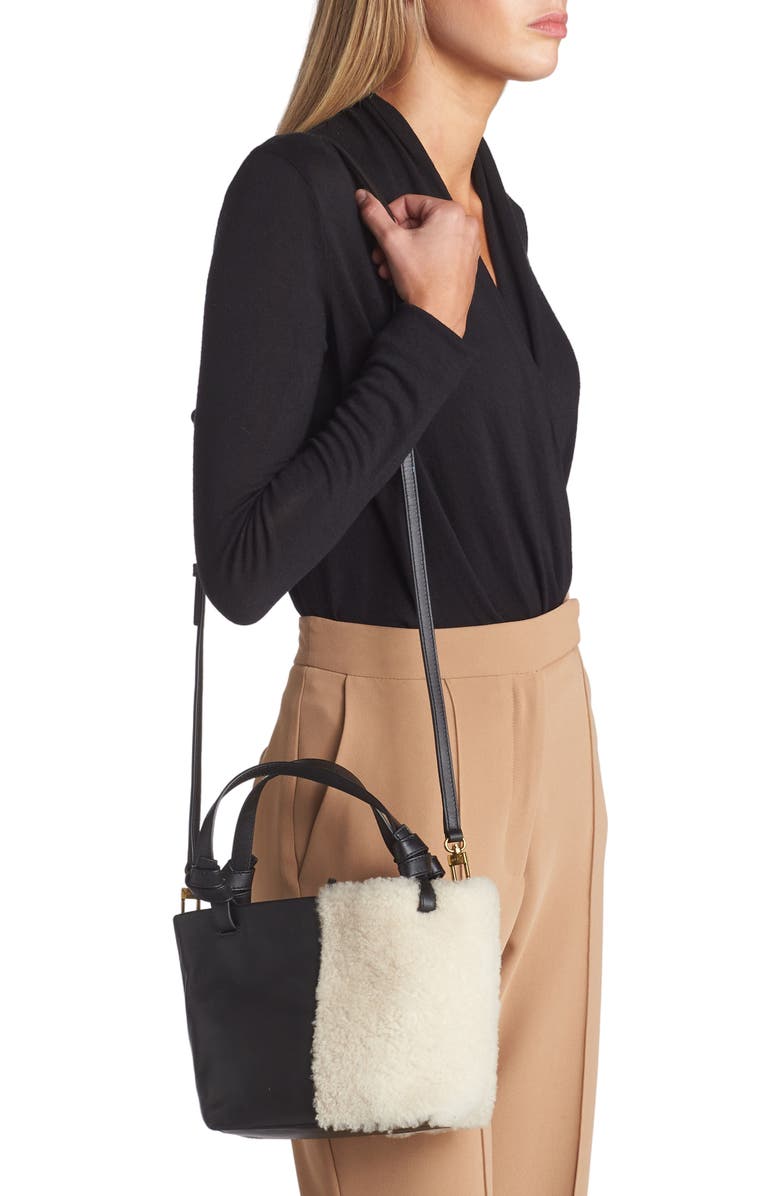 STAUD Ida Mini Leather & Genuine Shearling Tote Bag, Alternate, color,