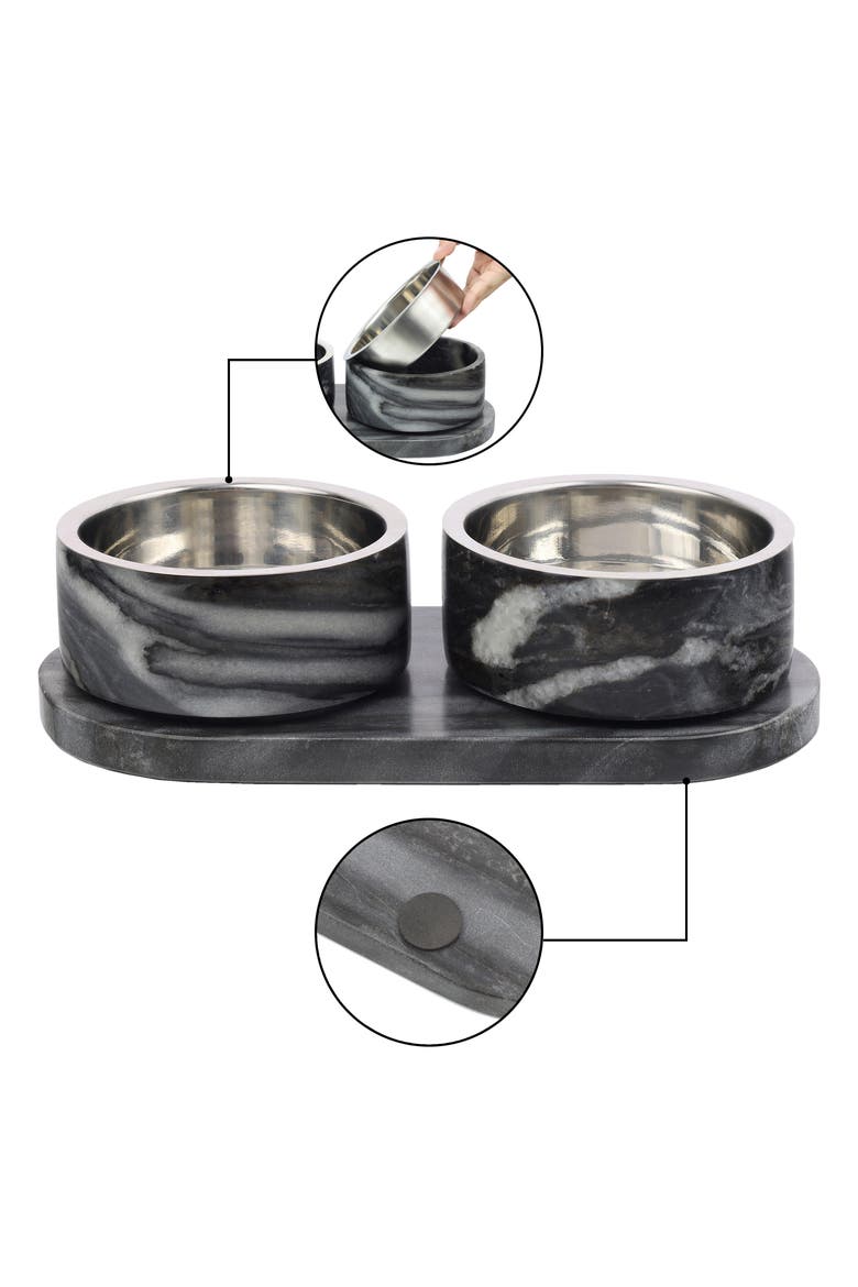 Marbre Modern Weighted Double Marble and Stainless Steel Bowl Feeder with Non-Slip Marble Tray Set, Alternate, color, Black/White