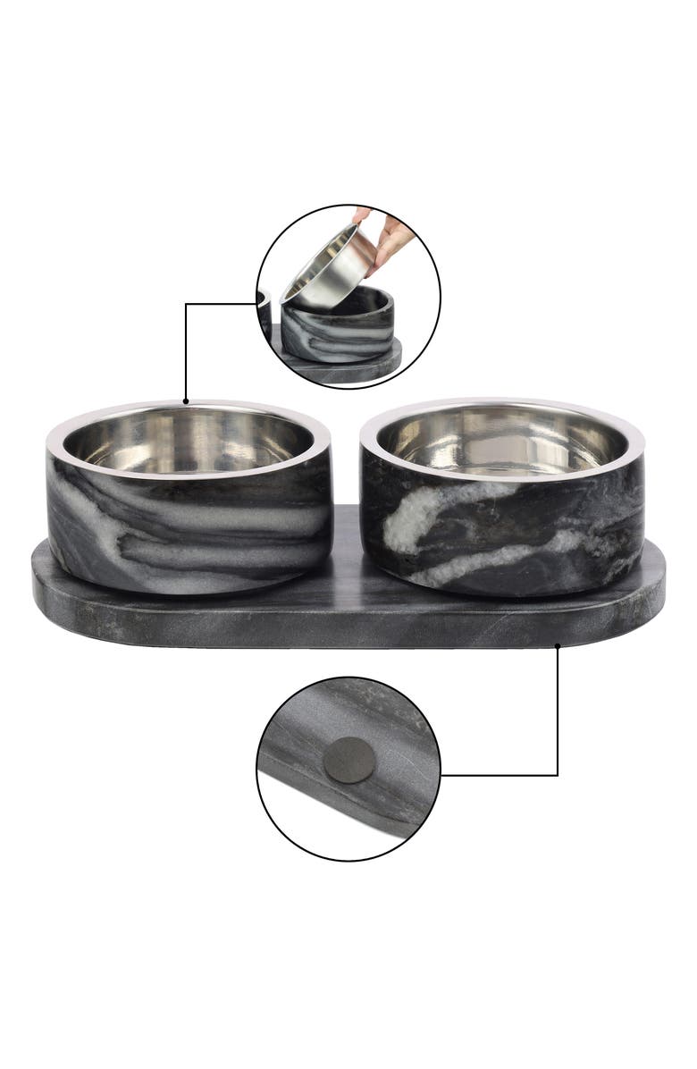 The Licker Store Marbre Small/Medium Modern Weighted Double Marble and Stainless Steel Bowl 12oz (1.5 Cups) Feeder with Non-Slip Marble Tray Set, Alternate, color, Black/White