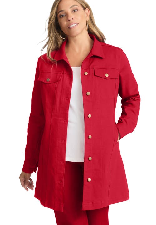 Jessica London Long Denim Jacket In Red