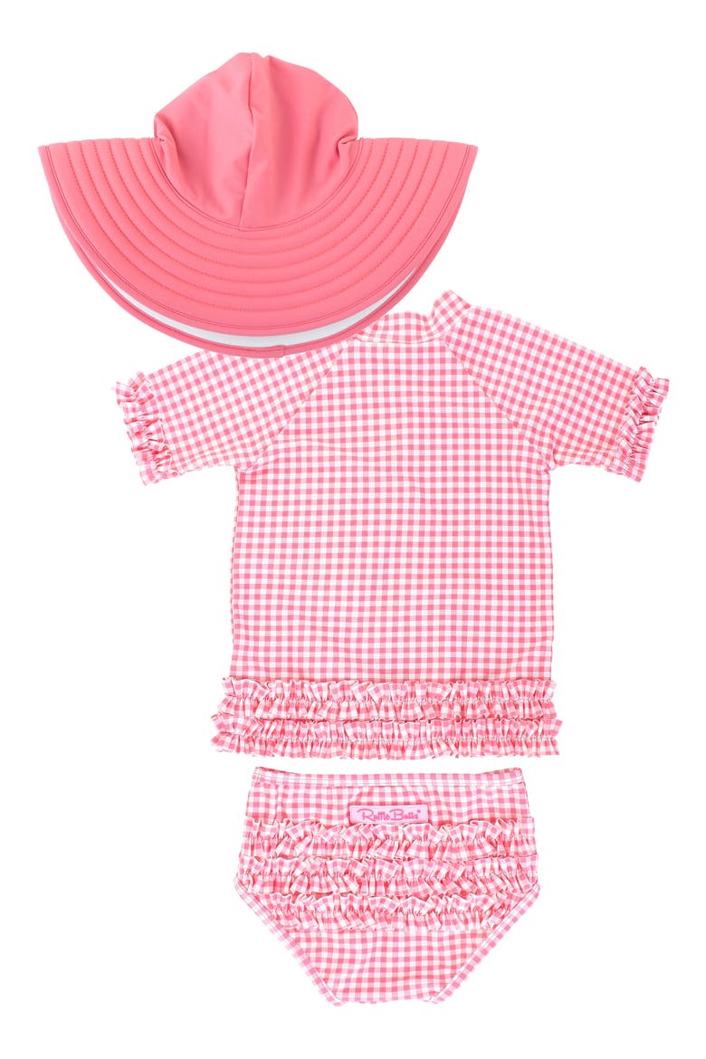 Gingham Two-Piece Rashguard Swimsuit & Reversible Sun Hat Set, Alternate, color, PINK