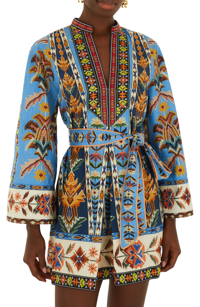 FARM Rio Embroidered Tapestry Long Sleeve Minidress, Main, color, Blue