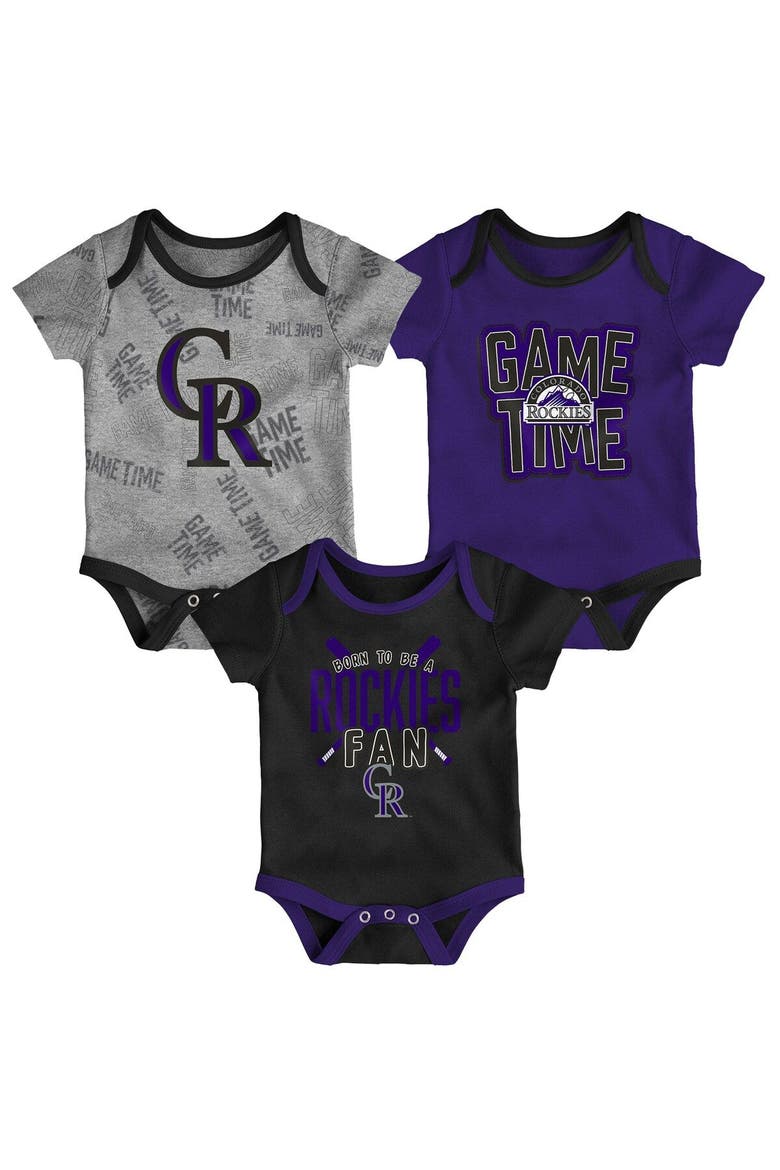 Newborn & Infant Colorado Rockies Black/Heathered Gray/Purple Game Time Three-Piece Bodysuit Set, Main, color, Black