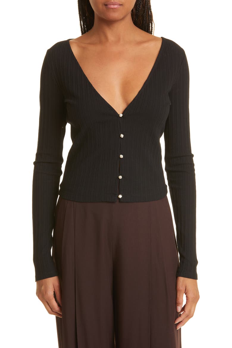 Plunge Neck Rib Cardigan, Main, color, BLACK
