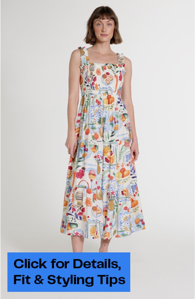 Mixed Print Smocked Tiered Midi Dress, sales video thumbnail