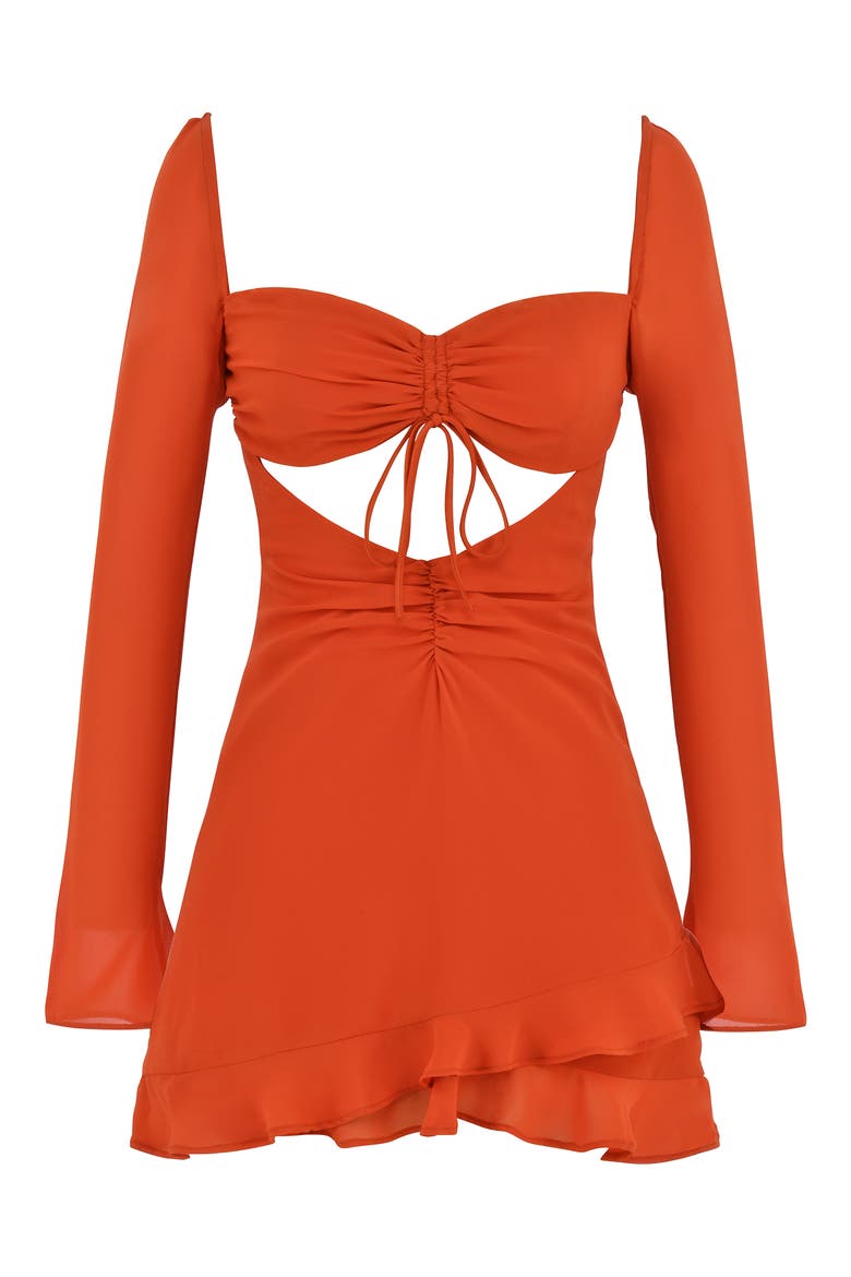 Lace-Up Cutout Long Sleeve Cocktail Minidress, Main, color, AMBER