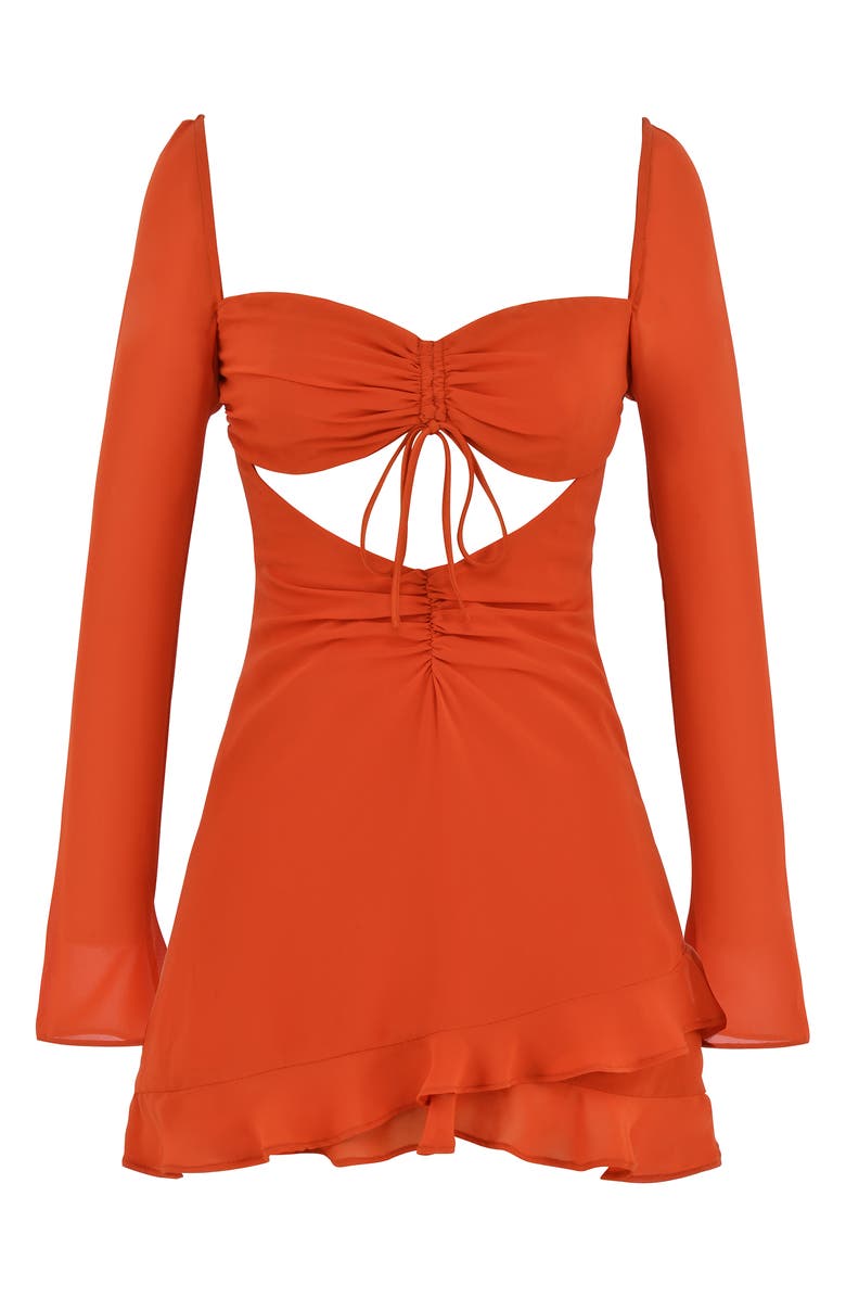Mistress Rocks Lace-Up Cutout Long Sleeve Cocktail Minidress, Main, color, Amber