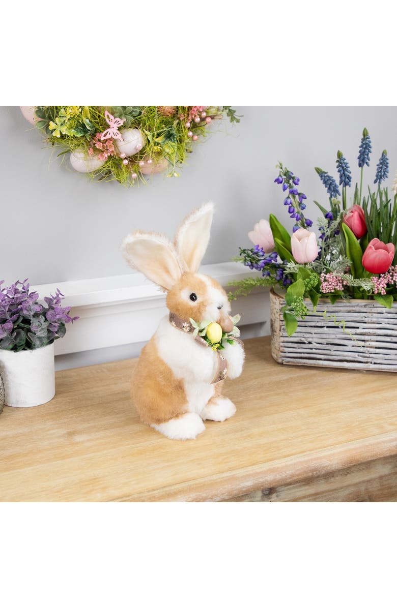 Northlight Plush Rabbit with Floral Bow Easter Figurine - 10.25", Alternate, color, Brown