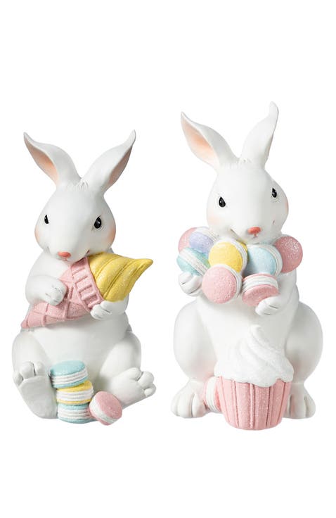 Set of 2 Easter Resin Bunny Holding Macaron Table Decor