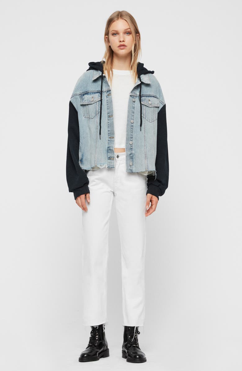 AllSaints Milena Mixed Media Hooded Denim Jacket, Alternate, color, Indigo Blue