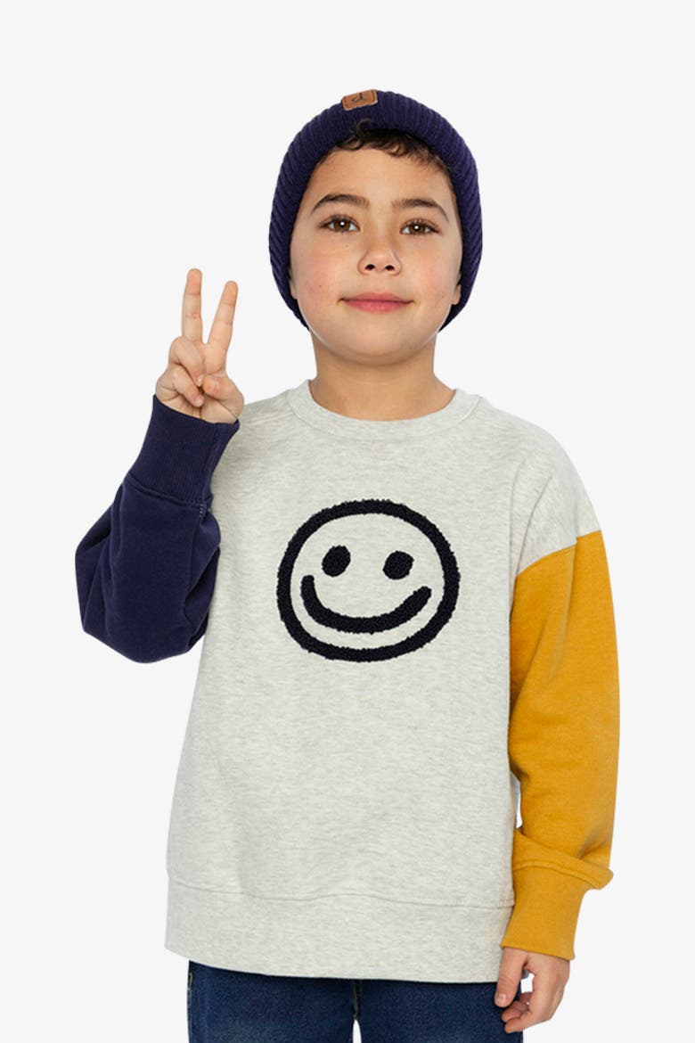 Fleece Raglan Sleeve Smiley Face Graphic Sweatshirt, Alternate, color, Heather Grey