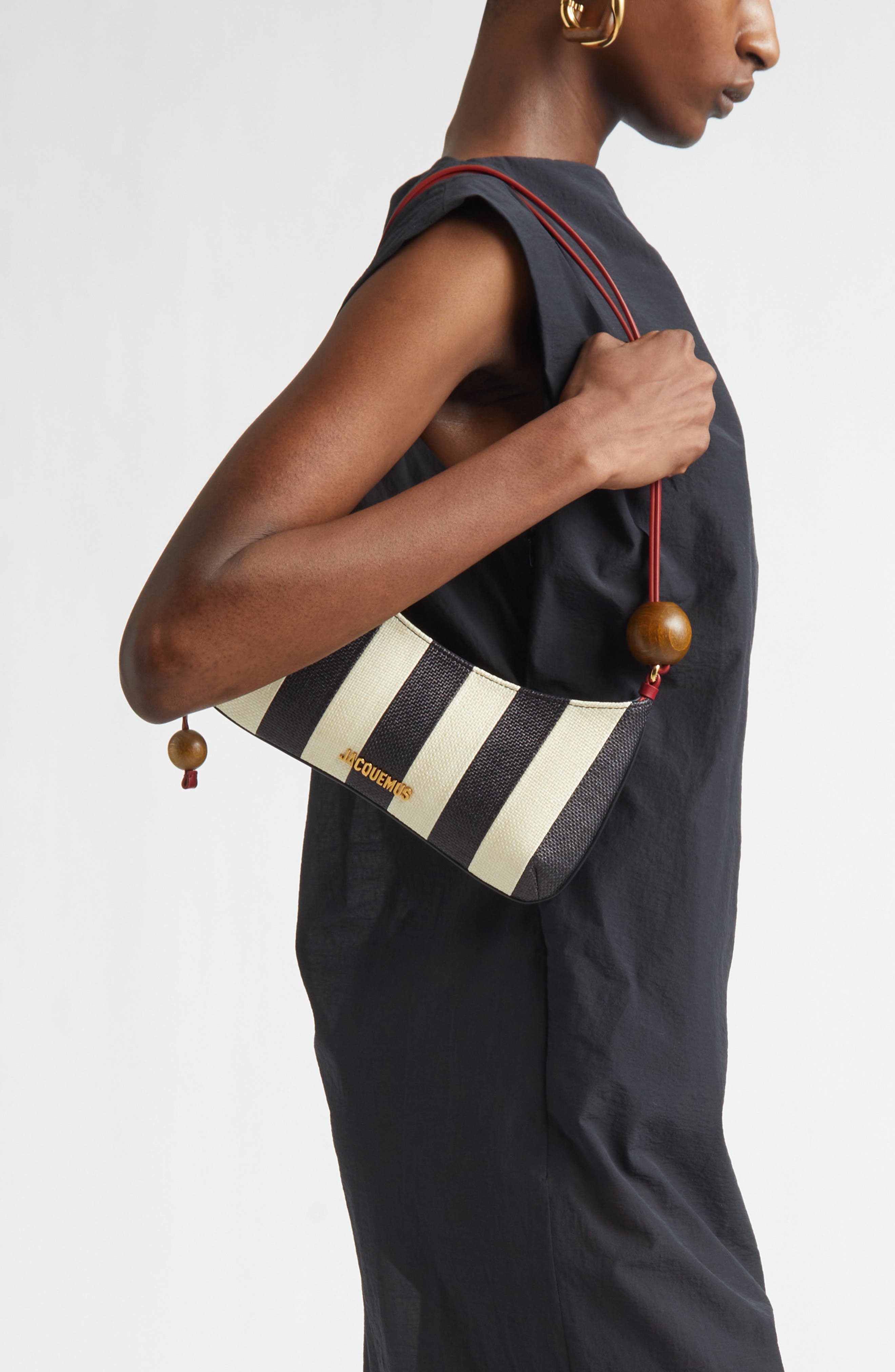 Jacquemus Le Bisou Perle Stripe Woven Raffia Shoulder Bag, Alternate, color, Natural / Black 1Fy
