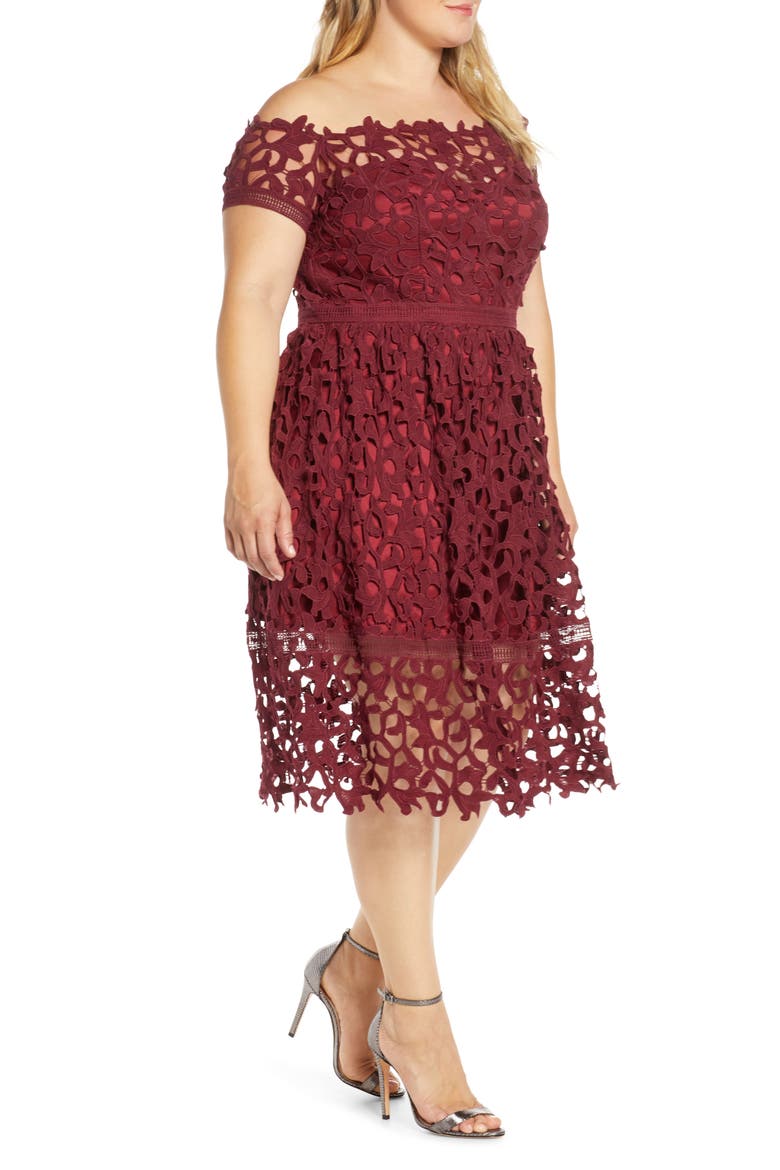 Curve Lizana Off the Shoulder Lace Cocktail Dress, Alternate, color, BURGUNDY
