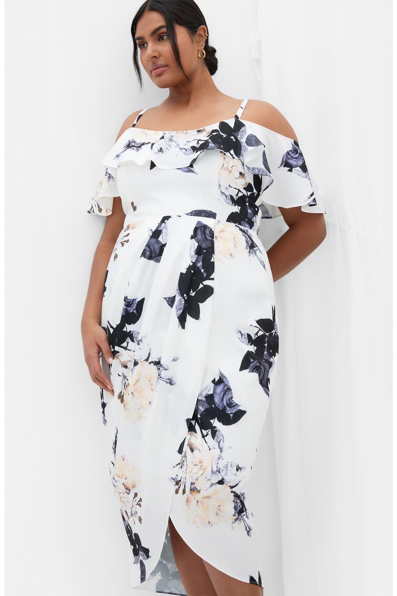 Floral Drape Cold Shoulder Midi Dress, Alternate, color, CREAM FLORAL