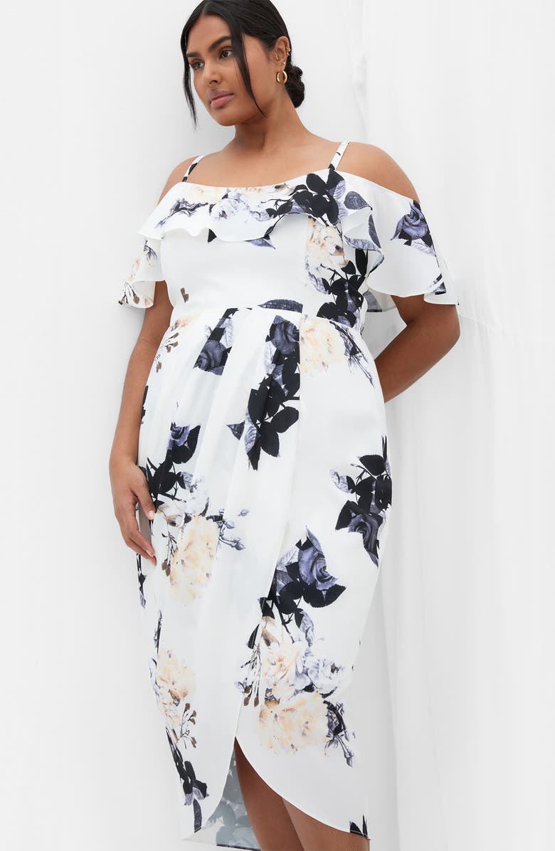 City Chic Floral Drape Cold Shoulder Midi Dress, Alternate, color, Cream Floral