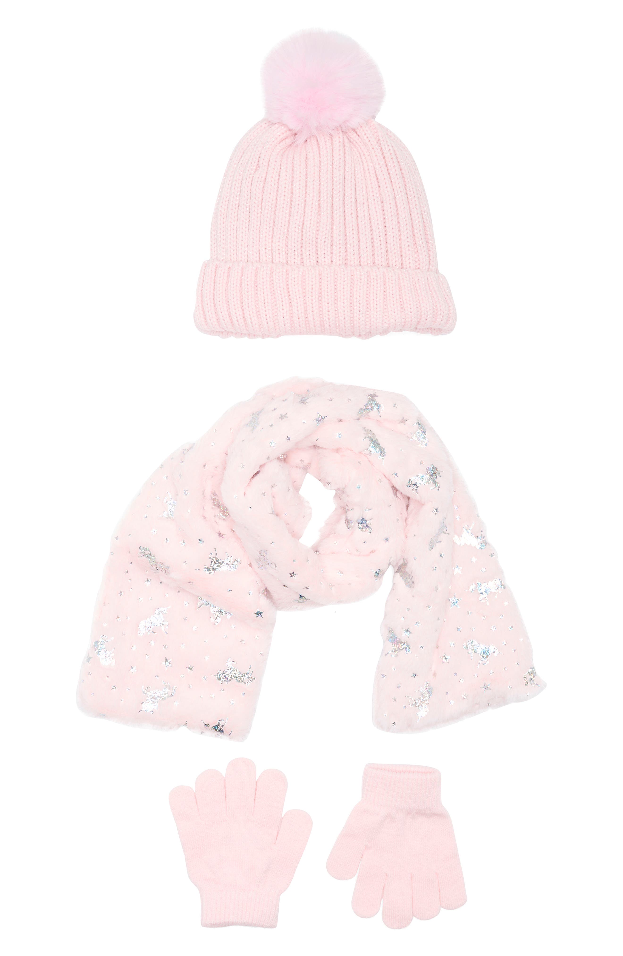 Olly & Me Kids' Faux Fur Pompom Beanie, Scarf & Gloves Set