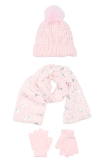 Olly & Me Kids' Faux Fur Pompom Beanie, Scarf & Gloves Set In Pink