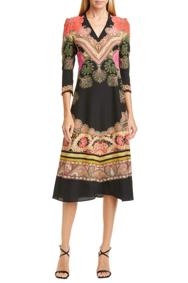 Print Silk Fit & Flare Midi Dress, Main, color, BLACK