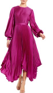 Mac Duggal Long Sleeve Pleated Charmeuse Handkerchief Hem Midi Dress