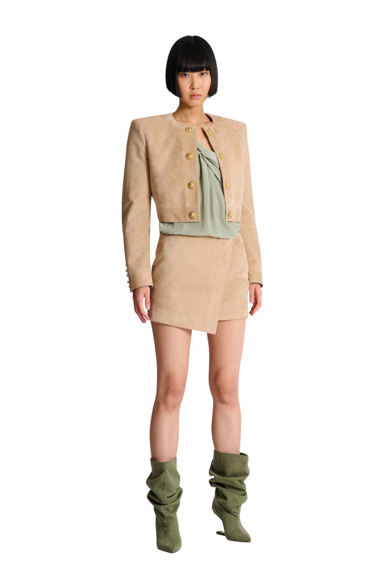 Balmain Suede wrap skirt, Alternate, color, Beige