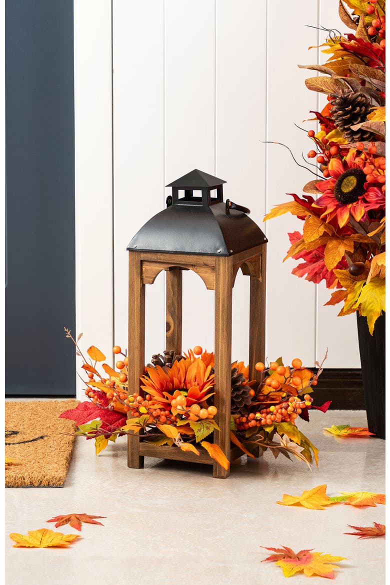 Fall Sunflower Pinecone and Berry Wood Lantern Centerpiece, Alternate, color, Orange