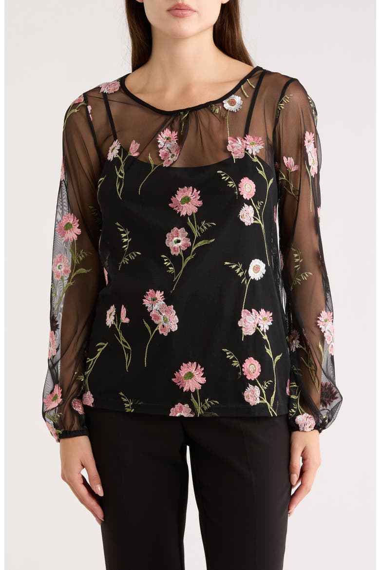 Embroidered Mesh Top, Main, color, BLACK