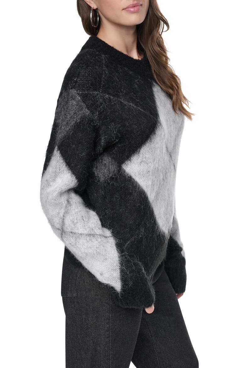 Brushed Argyle Intarsia Crewneck Sweater, Alternate, color, BLACK/ IVORY