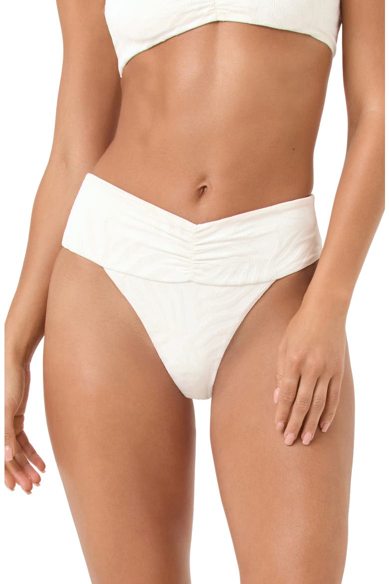 Bardot Ruched Jacquard High Waist Bikini Bottoms, Main, color, CREAM
