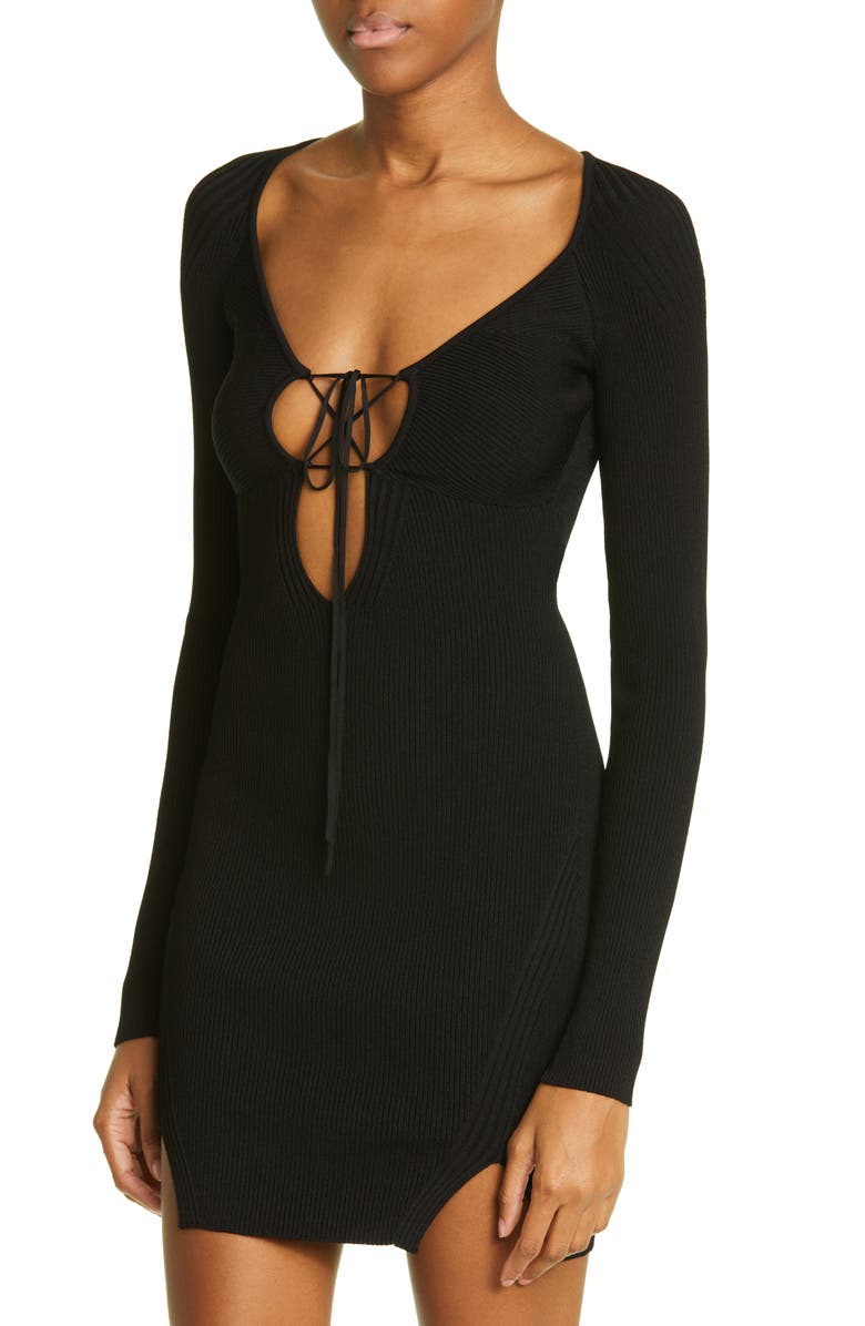 Nensi Dojaka Lace-Up Long Sleeve Rib Mini Sweater Dress, Alternate, color,