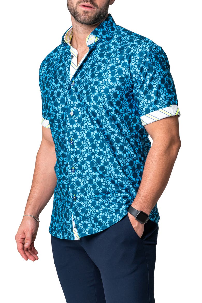 Galileo Skull Regular Fit Short Sleeve Button-Up Shirt, Alternate, color, BLUE