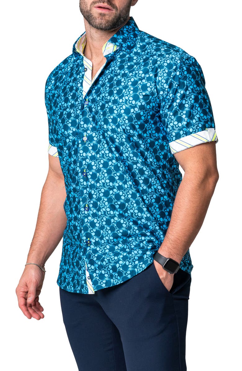 Maceoo Galileo Skull Regular Fit Short Sleeve Button-Up Shirt, Alternate, color, Blue