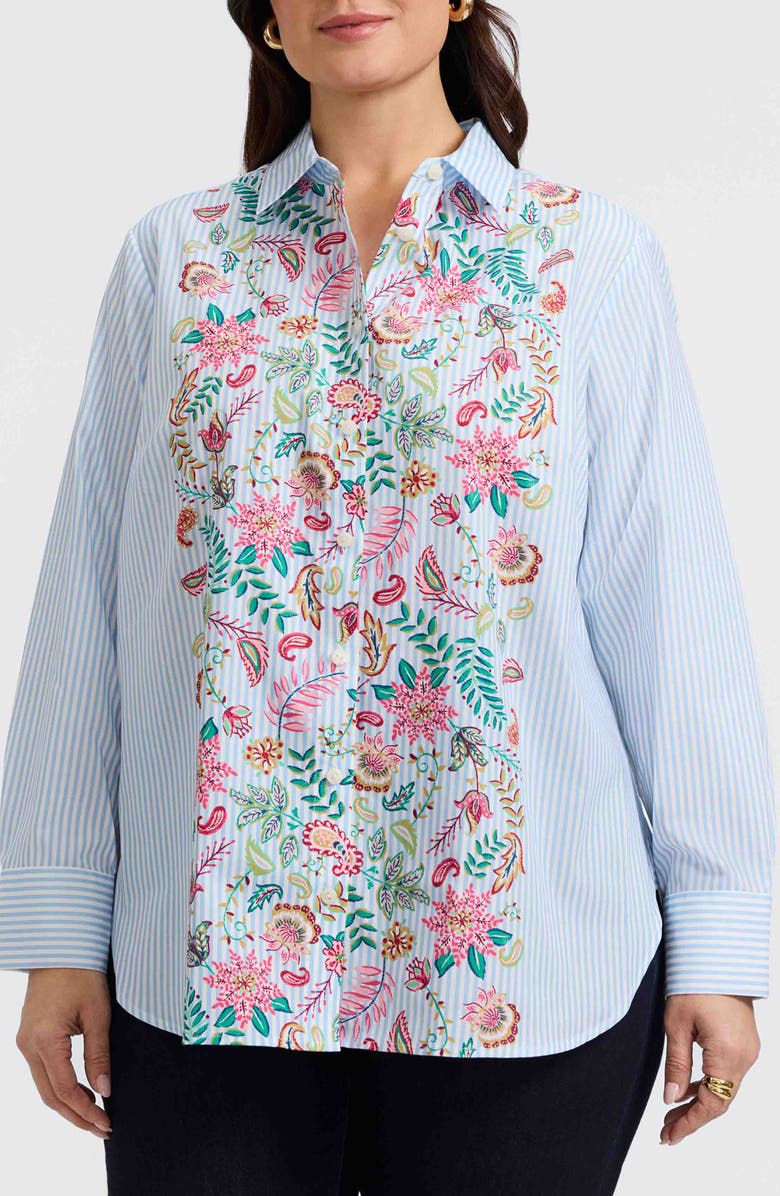 Foxcroft Meghan Stripe Floral Embroidered Cotton Button-Up Shirt, Main, color, Ivory Multi