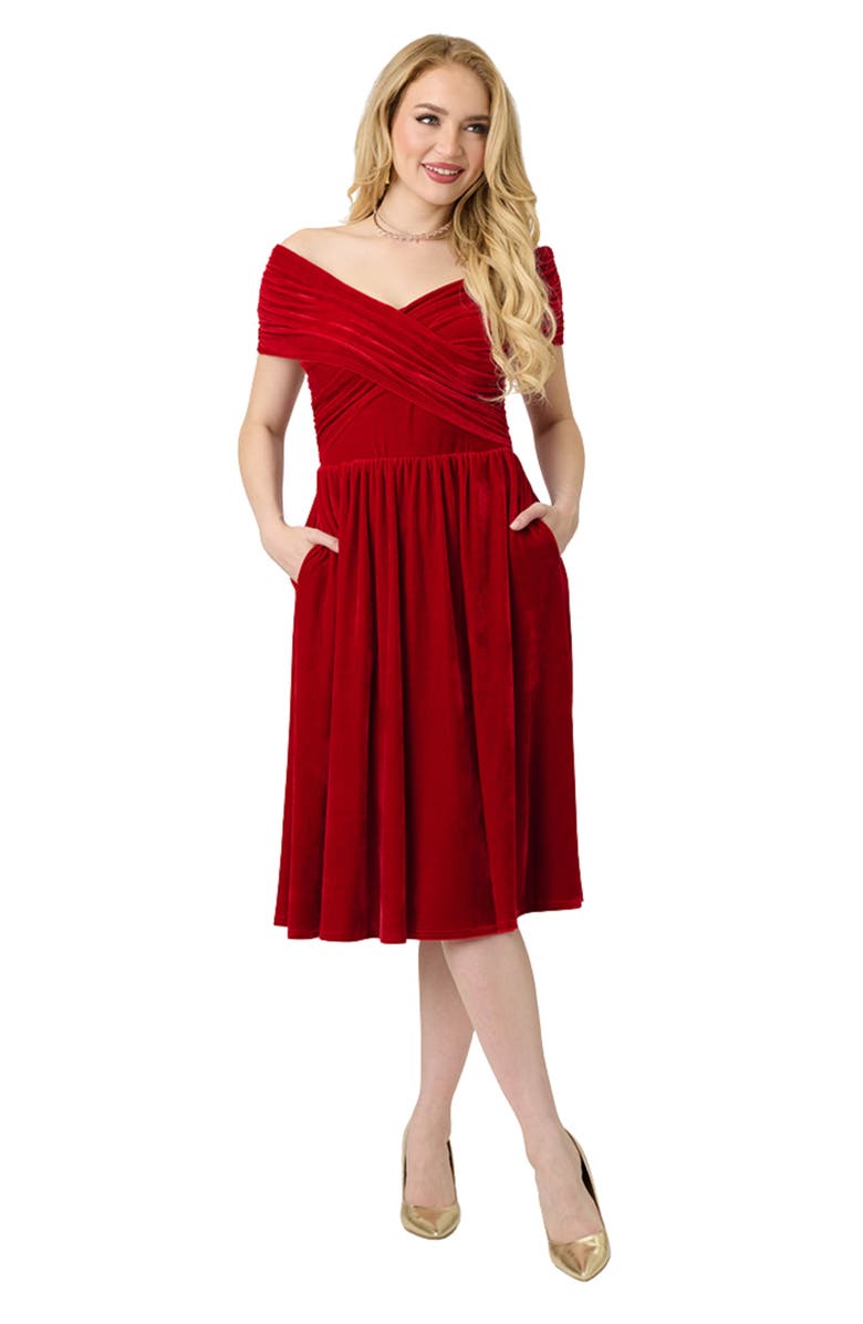 Unique Vintage Shirred Off Shoulder Swing Dress, Main, color, Burgundy