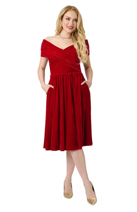 Shirred Off Shoulder Swing Dress