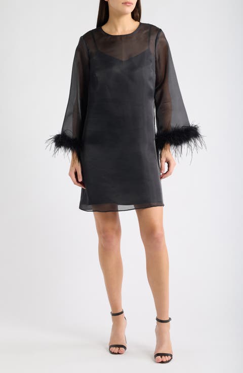 Feather Cuff Mini Shift Dress
