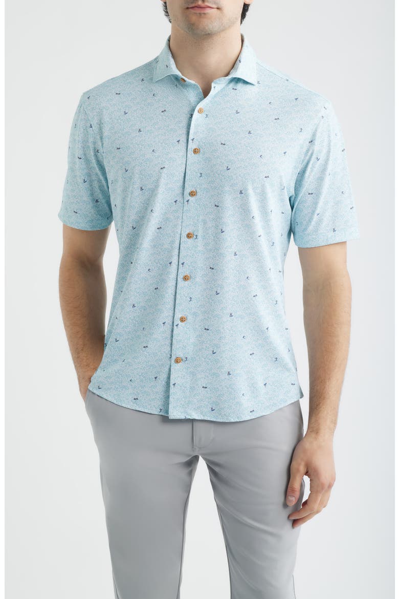 Rowing Hangin’ Out Surfer Print Knit Short Sleeve Button-Up Shirt, Main, color, WHITE/BLUE MULTI